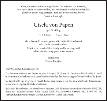 Anzeige von Gisela von Papen 