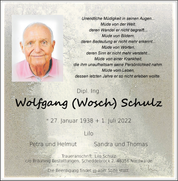 Anzeige von Wolfgang Schulz 