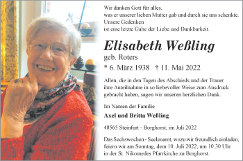 Anzeige von Elisabeth Weßling 