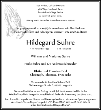Anzeige von Hildegard Suhre 