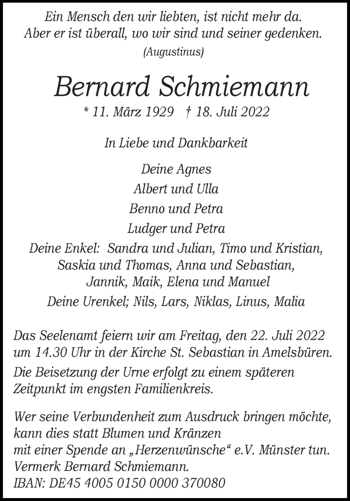  Traueranzeige für Bernard Schmiemann vom 21.07.2022 aus 