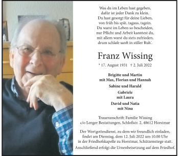 Anzeige von Franz Wissing 