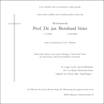 Anzeige von Bernhard Stüer 