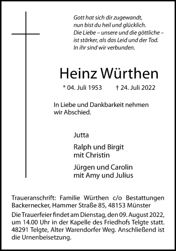 Anzeige von Heinz Würthen 