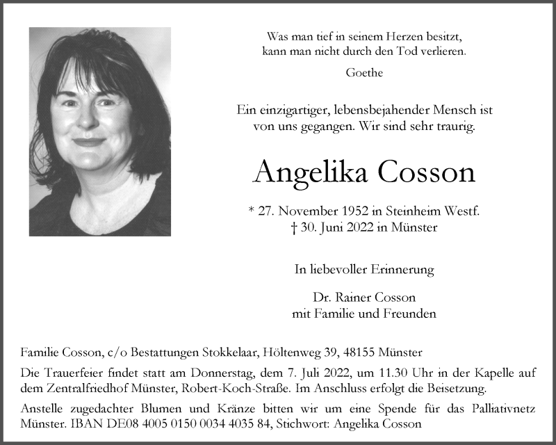  Traueranzeige für Angelika Cosson vom 02.07.2022 aus 
