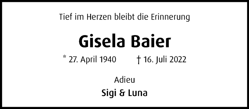 Traueranzeige für Gisela Baier vom 28.07.2022 aus 