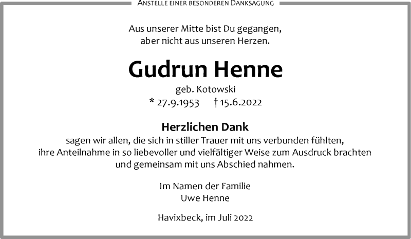  Traueranzeige für Gudrun Henne vom 23.07.2022 aus 