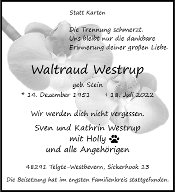 Anzeige von Waltraud Westrup 