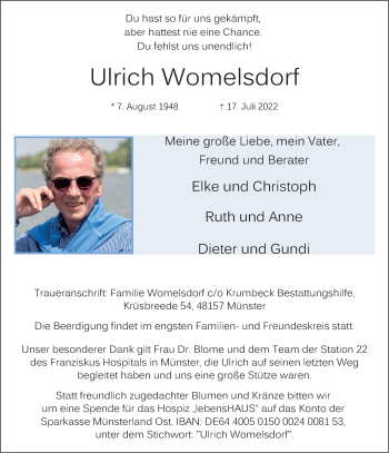Anzeige von Ulrich Womelsdorf 