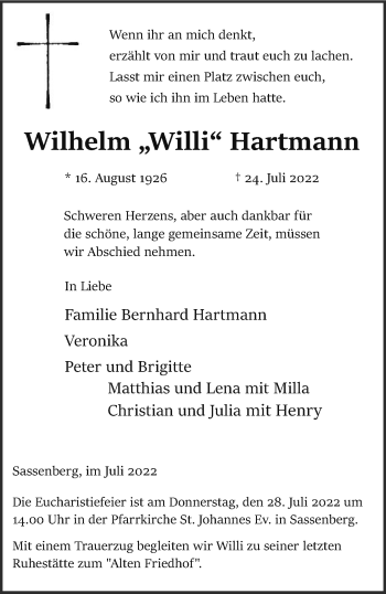 Anzeige von Wilhelm Hartmann 