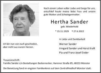 Anzeige von Hertha Sander 
