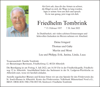 Anzeige von Friedhelm Tombrink 