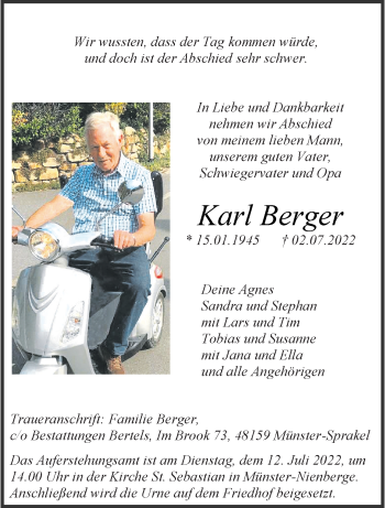 Anzeige von Karl Berger 