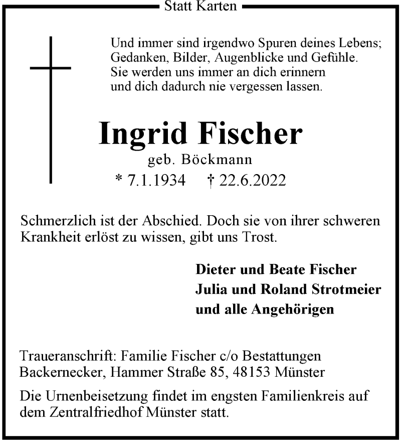  Traueranzeige für Igrid Fischer vom 02.07.2022 aus 