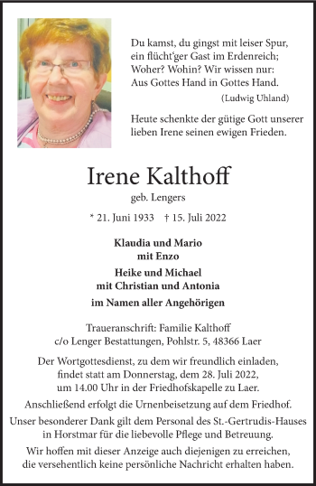 Anzeige von Irene Kalthoff 