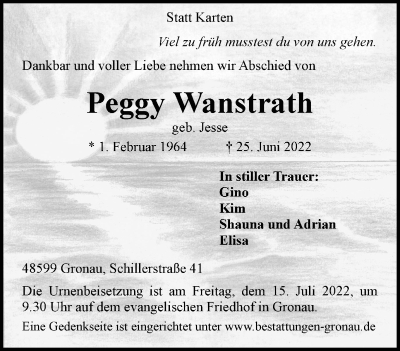  Traueranzeige für Peggy Wanstrath vom 01.07.2022 aus 