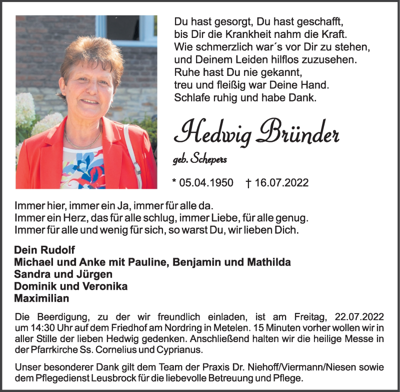  Traueranzeige für Hedwig Bründer vom 19.07.2022 aus 