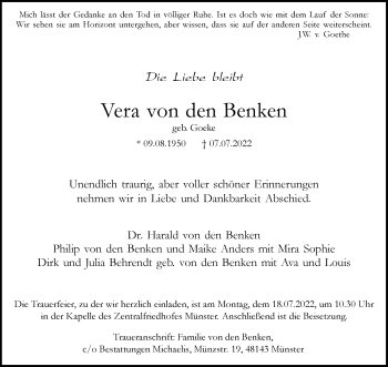 Anzeige von Vera von den Benken 