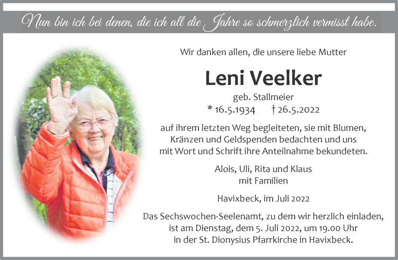  Traueranzeige für Leni Veelker vom 02.07.2022 aus 