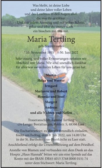Anzeige von Maria Tertling 