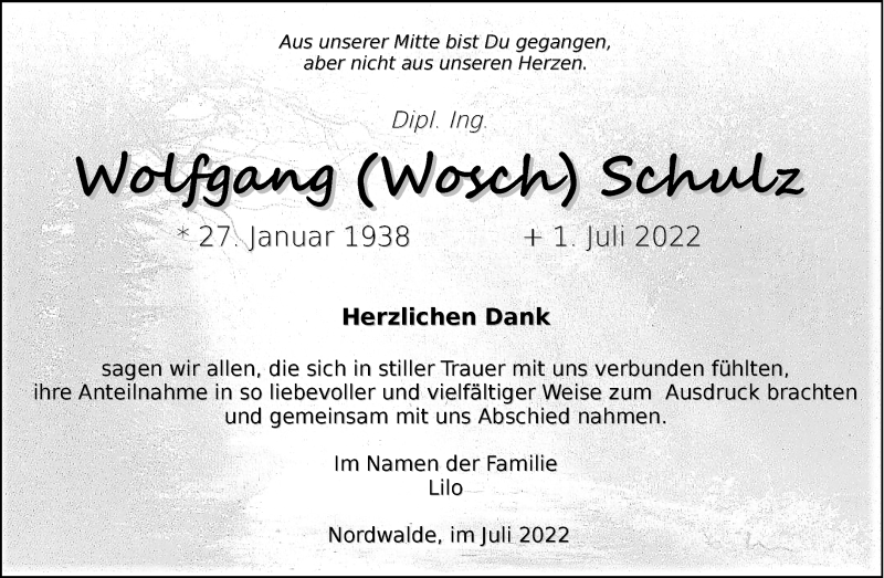  Traueranzeige für Wolfgang Schulz vom 26.07.2022 aus 