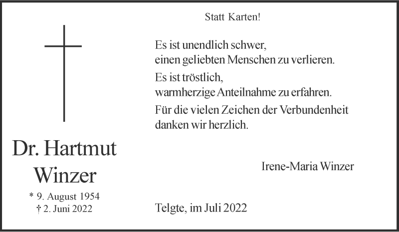  Traueranzeige für Hartmut Winzer vom 02.07.2022 aus 