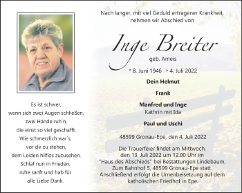 Anzeige von Inge Breiter 