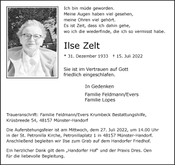 Anzeige von Ilse Zelt 