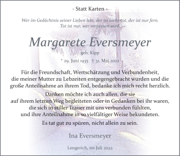 Anzeige von Margarete Eversmeyer 