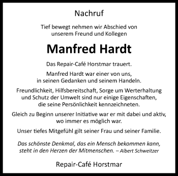 Anzeige von Manfred Hardt 