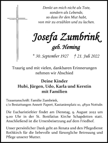 Anzeige von Josefa Zumbrink 