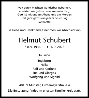 Anzeige von Helmut Schubert 