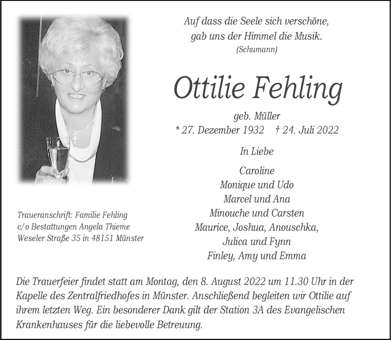  Traueranzeige für Ottilie Fehling vom 30.07.2022 aus 