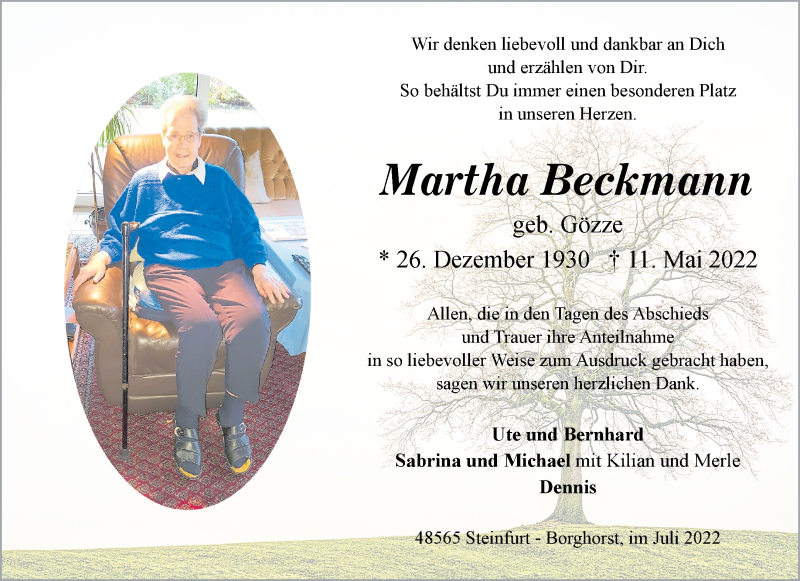  Traueranzeige für Martha Beckmann vom 02.07.2022 aus 