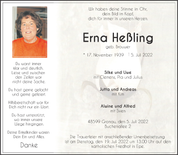 Anzeige von Erna Heßling 