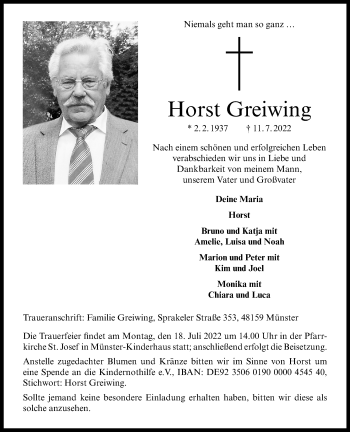 Anzeige von Horst Greiwing 