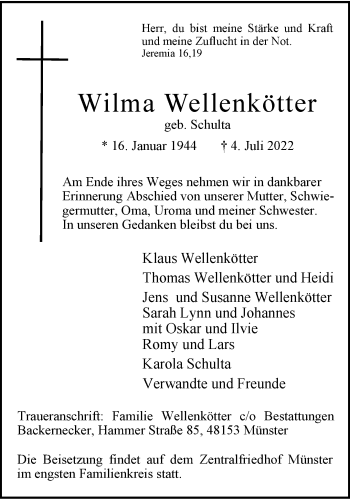Anzeige von Wilma Wellenkötter 