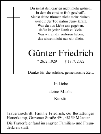 Anzeige von Günter Friedrich 
