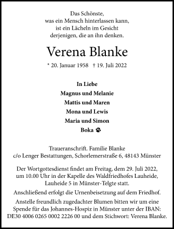Anzeige von Verena Blanke 