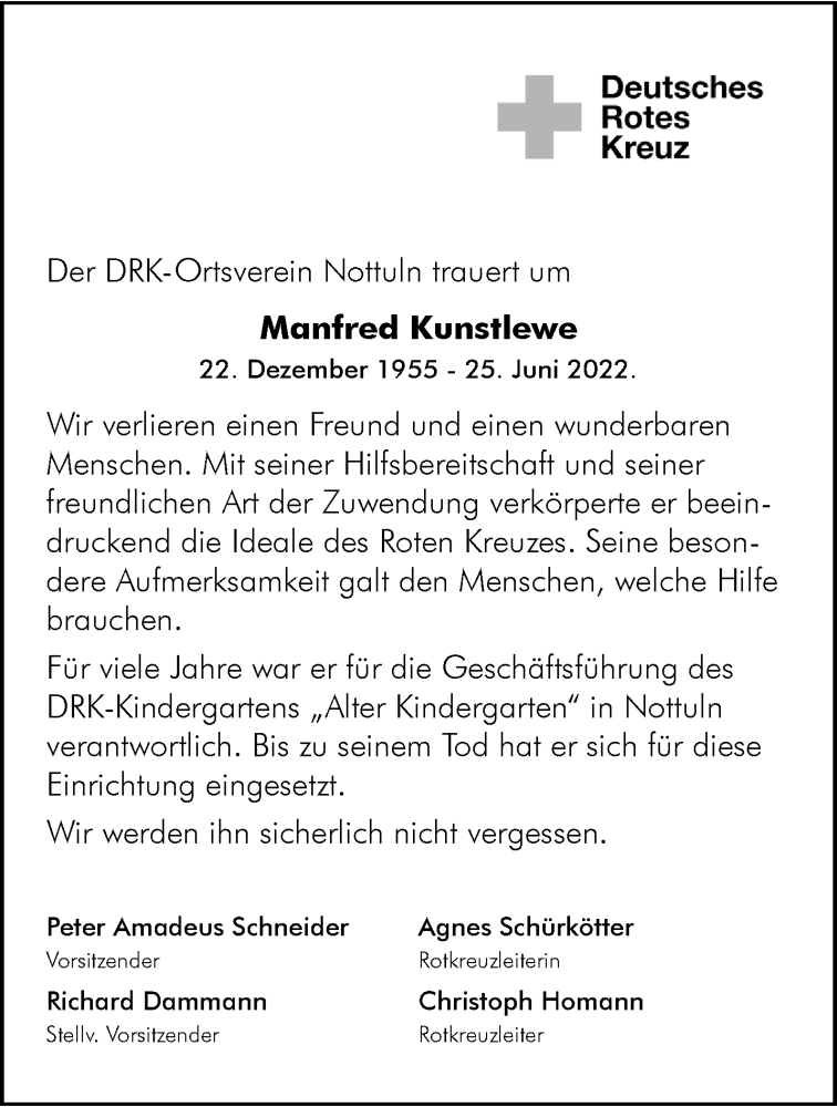  Traueranzeige für Manfred Kunstlewe vom 02.07.2022 aus 