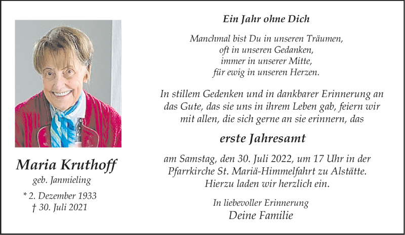  Traueranzeige für Maria Kruthoff vom 26.07.2022 aus 