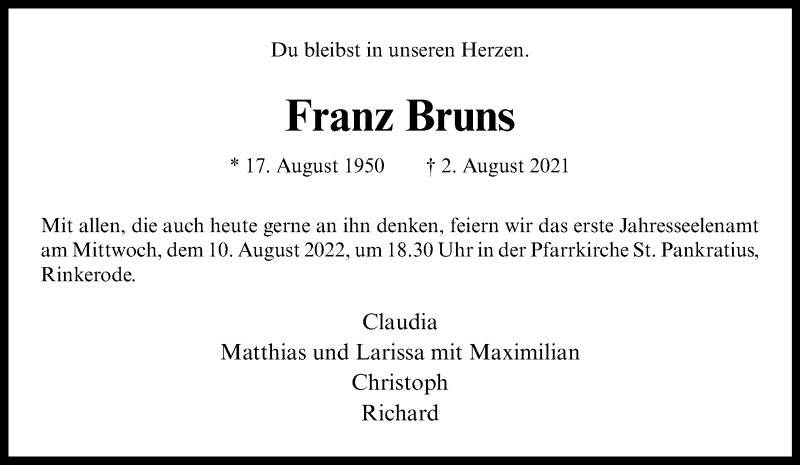  Traueranzeige für Franz Bruns vom 30.07.2022 aus 