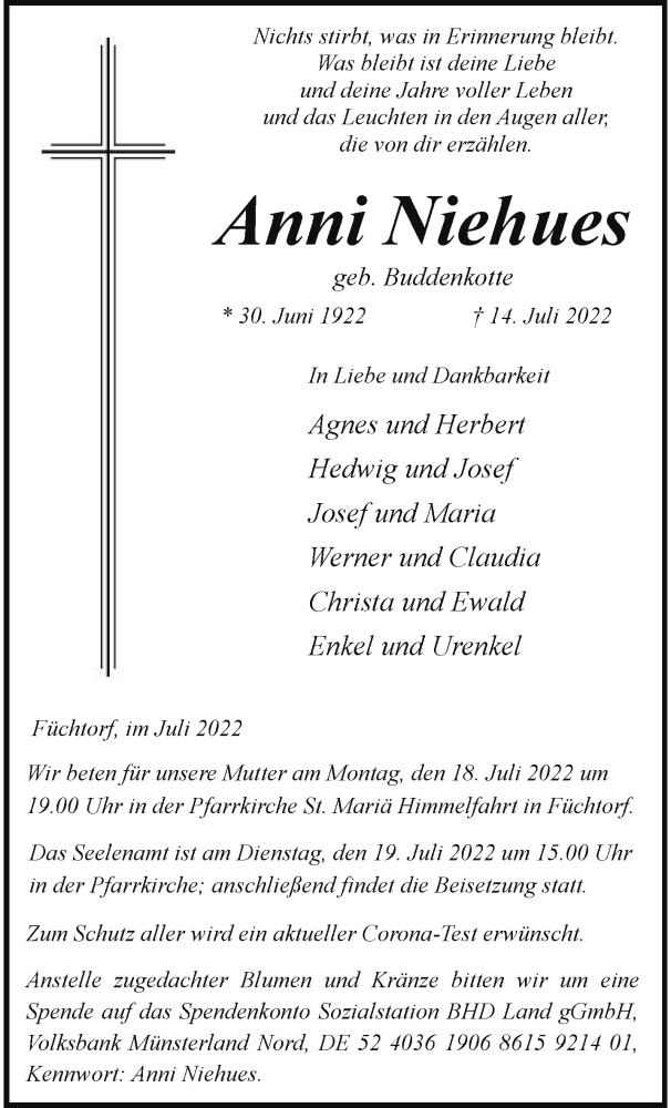  Traueranzeige für Anni Niehues vom 16.07.2022 aus 