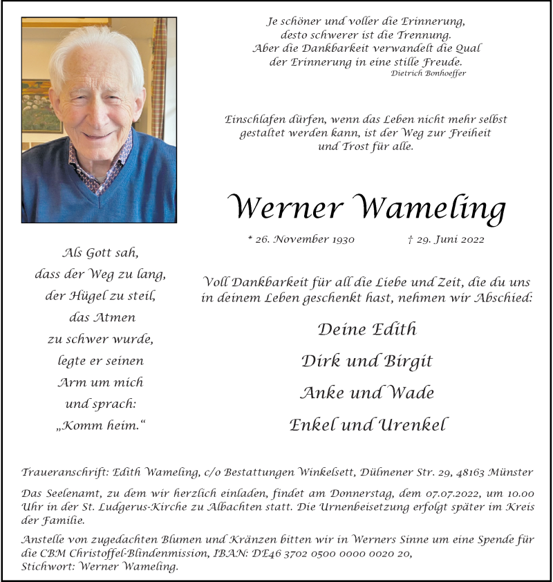  Traueranzeige für Werner Wameling vom 02.07.2022 aus 