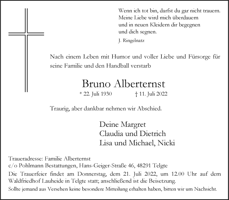  Traueranzeige für Bruno Alberternst vom 16.07.2022 aus 