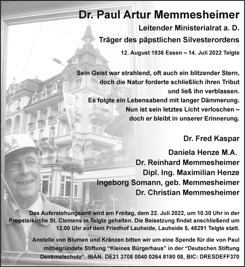  Traueranzeige für Paul Artur Memmesheimer vom 16.07.2022 aus 
