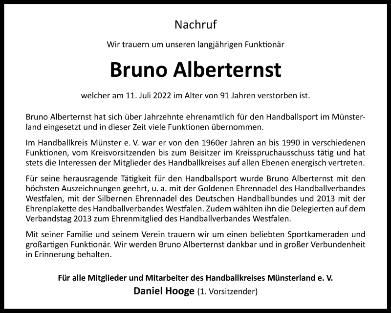  Traueranzeige für Bruno Alberternst vom 20.07.2022 aus 