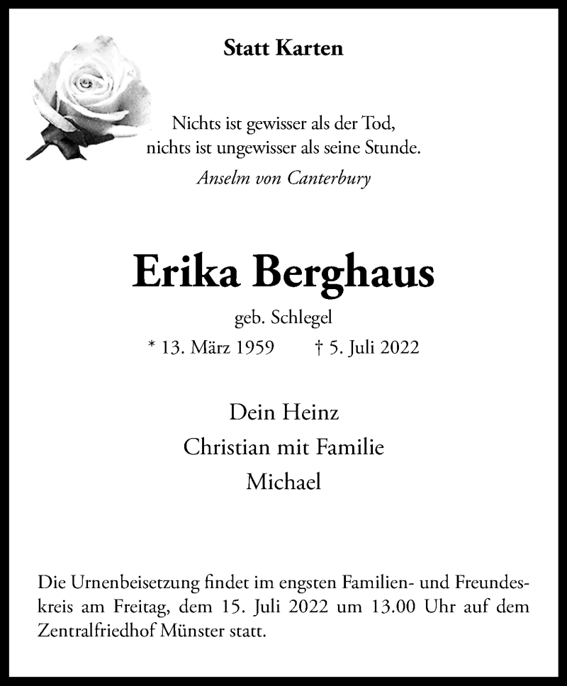  Traueranzeige für Erika Berghaus vom 08.07.2022 aus 