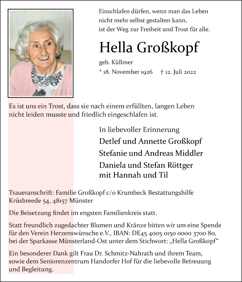  Traueranzeige für Hella Großkopf vom 23.07.2022 aus 