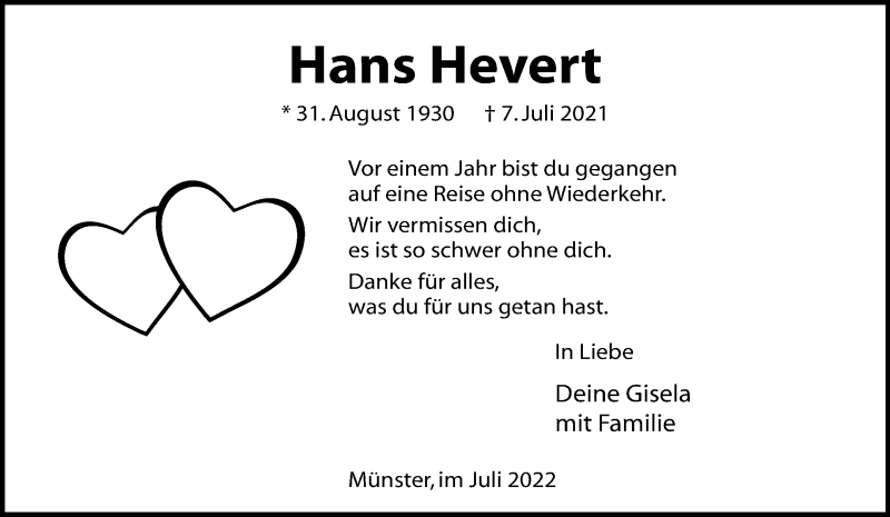  Traueranzeige für Hans Hevert vom 07.07.2022 aus 